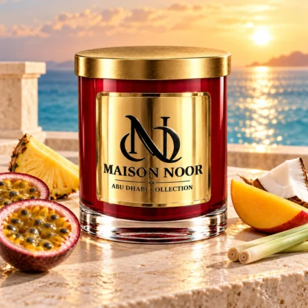 MAISON NOOR Passionfruit Pineapple candle with passionfruit, pineapple, mango, coconut and lemongrass on a sea-facing sunset terrace.
