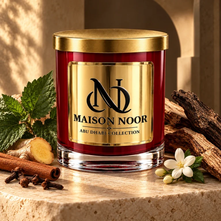 MAISON NOOR Patchouli candle with patchouli leaves, ginger, cinnamon, cloves, jasmine and wood on warm ivory limestone.