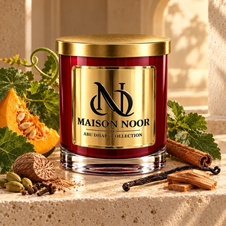 MAISON NOOR Patchouli and Pepita candle with pumpkin, green leaves, nutmeg, cardamom, cinnamon, cloves, vanilla and sandalwood.