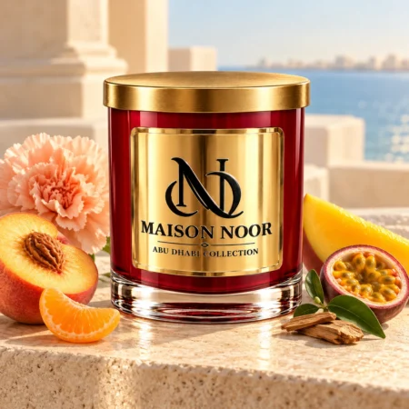 MAISON NOOR Peach Mango Bellini candle with peach, mango, passionfruit, tangerine, a peach carnation and sandalwood on a coastal terrace.