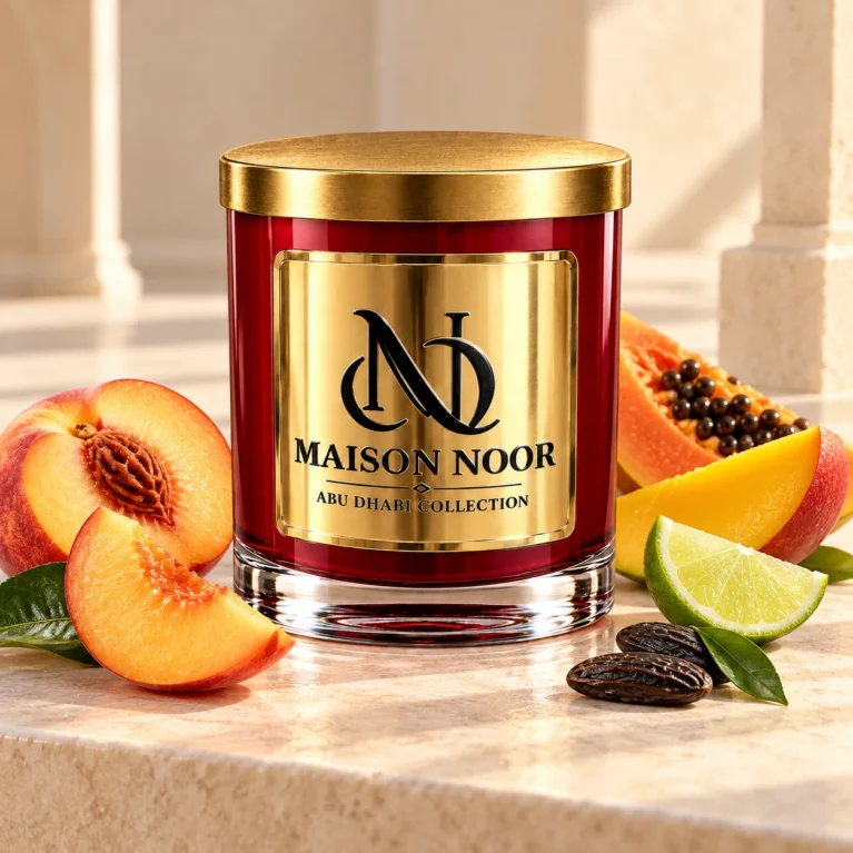 MAISON NOOR Peach Nectar candle with peach, papaya, mango, lime, green leaves and tonka beans on ivory limestone.