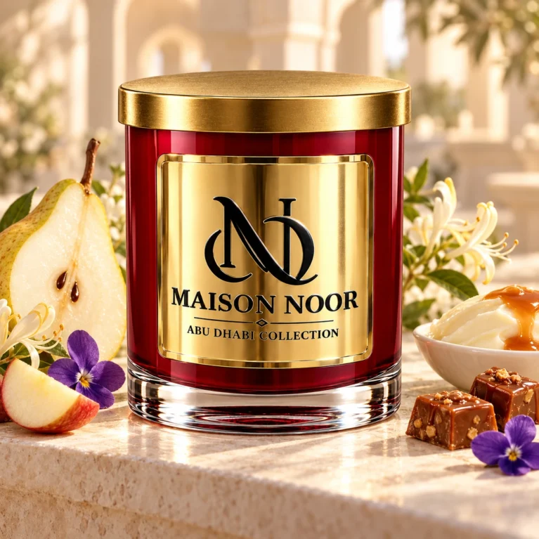 MAISON NOOR Pear Mascarpone candle with pear, apple, violets, honeysuckle, cream, caramel and praline on warm ivory limestone.