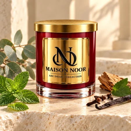 MAISON NOOR Peppermint and Eucalyptus candle with fresh mint, eucalyptus, cloves, cedar, patchouli leaf and vanilla on ivory limestone.