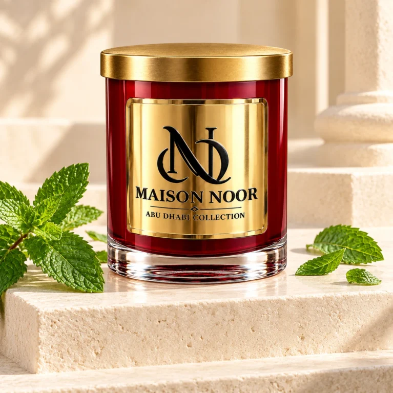 MAISON NOOR Peppermint Element candle with fresh peppermint sprigs and leaves on sculptural ivory limestone steps.