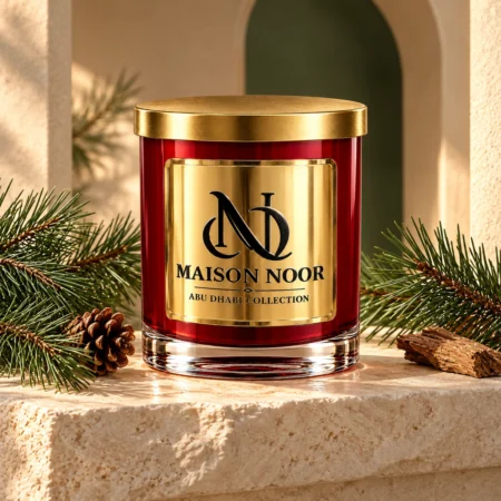 MAISON NOOR Pine Element candle with pine branches, a pine cone and pine wood on warm ivory limestone.