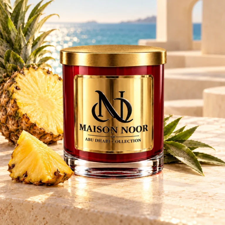 MAISON NOOR Pineapple Element candle beside fresh pineapple and pineapple crown leaves on a sunlit sea-facing limestone terrace.
