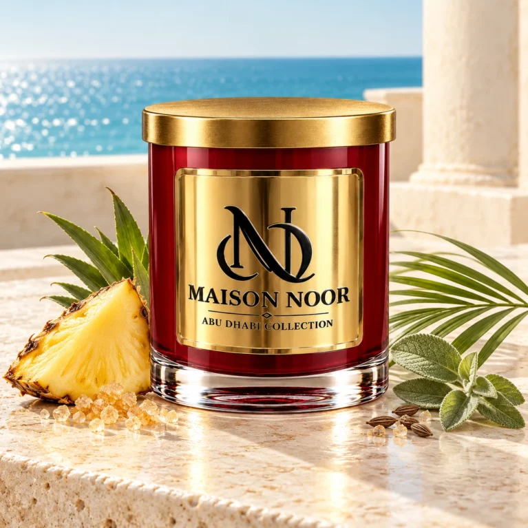 MAISON NOOR Pineapple Sage candle with pineapple, palm leaf, sage, anise seeds and sugar on an ivory limestone sea terrace.