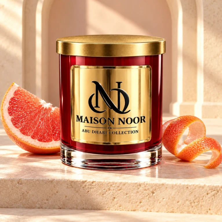 MAISON NOOR Pink Grapefruit Element candle beside pink grapefruit and curled peel on sculptural ivory limestone.