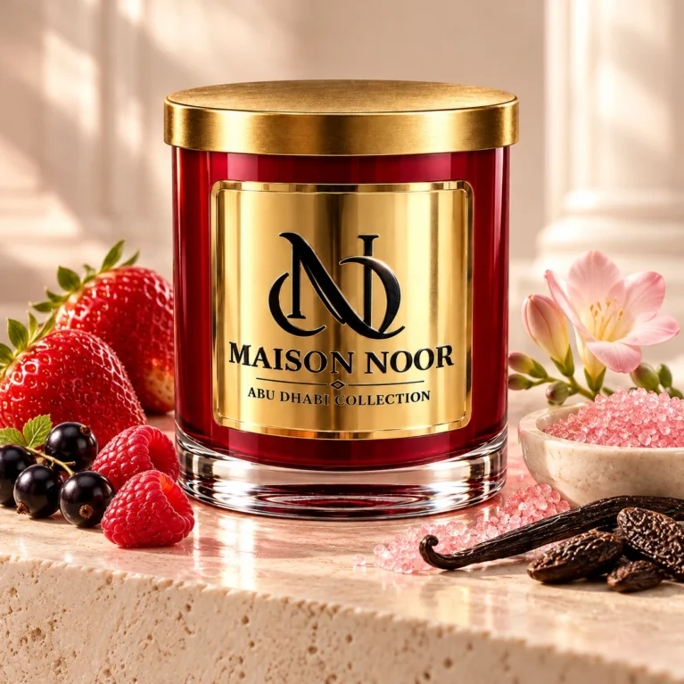 MAISON NOOR Pink Sugar Crystals candle with strawberries, black currants, raspberries, pink sugar, freesia, vanilla and tonka beans.