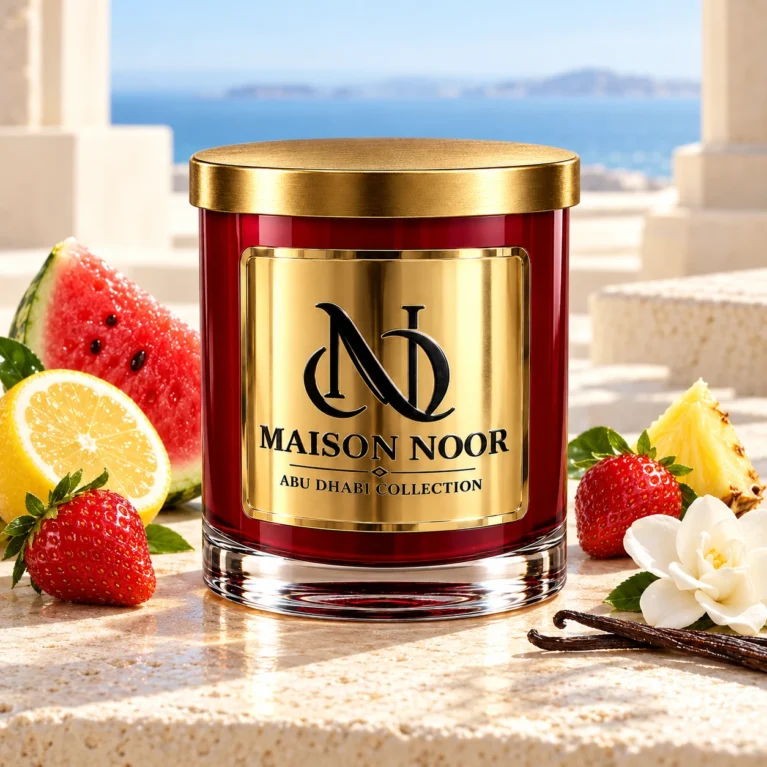 MAISON NOOR Pink Watermelon Lemonade candle with watermelon, lemon, strawberries, pineapple, white gardenia and vanilla on a coastal terrace.