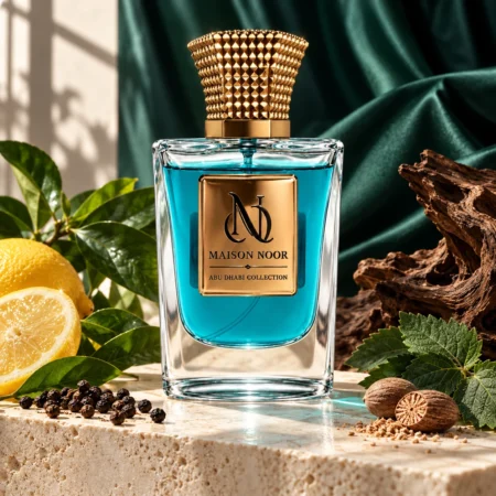 Maison Noor turquoise perfume bottle with lemon leaves, pepper, nutmeg, patchouli and dark wood against green satin