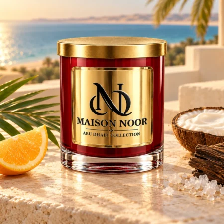 MAISON NOOR Solar Sands candle with citrus, palm, coconut milk, wood and sea salt on a coastal terrace.