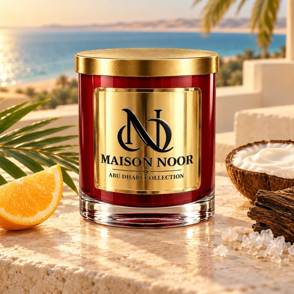 MAISON NOOR Solar Sands candle with citrus, palm, coconut milk, wood and sea salt on a coastal terrace.