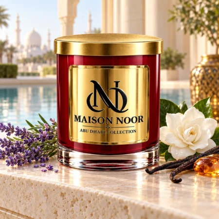 MAISON NOOR Whipped Lavender Creme candle with lavender, gardenia and vanilla beside a turquoise reflecting pool.