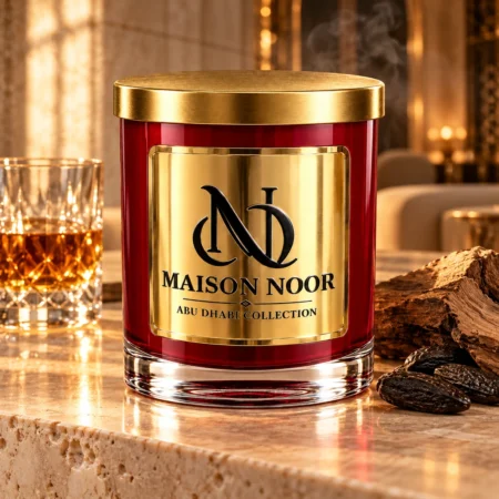 MAISON NOOR Whiskey candle with a crystal whiskey glass, oak wood, tonka beans and subtle smoke.
