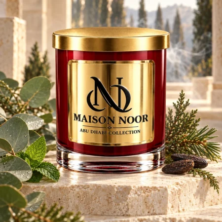 MAISON NOOR White Birch candle with eucalyptus, mint, cypress, pine and tonka beans in a stone lodge.