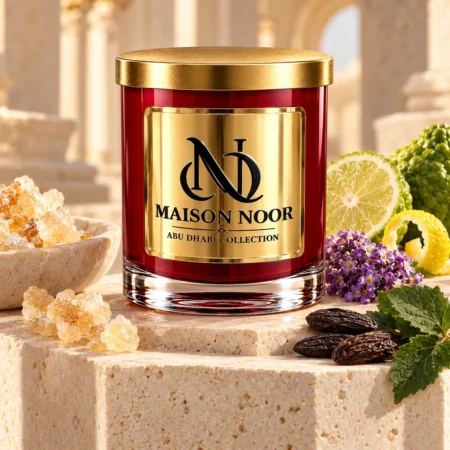 MAISON NOOR White Copal and Bergamot candle with copal resin, bergamot, lemon peel, heliotrope, patchouli and tonka.