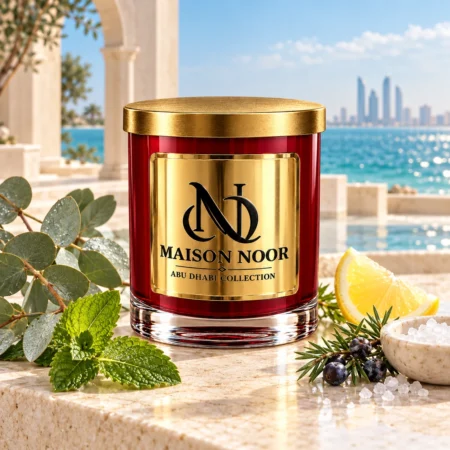 MAISON NOOR White Eucalyptus candle with eucalyptus, spearmint, lemon, juniper and sea salt on a coastal terrace.