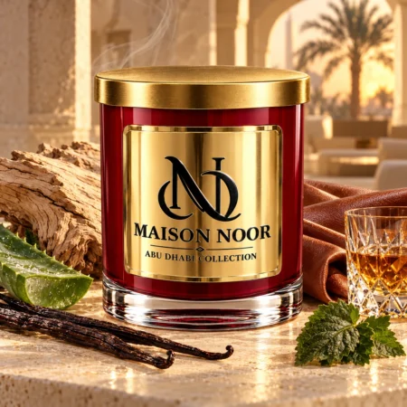 MAISON NOOR White Oak and Vanilla candle with oak, vanilla, aloe, patchouli, leather and whiskey in warm light.