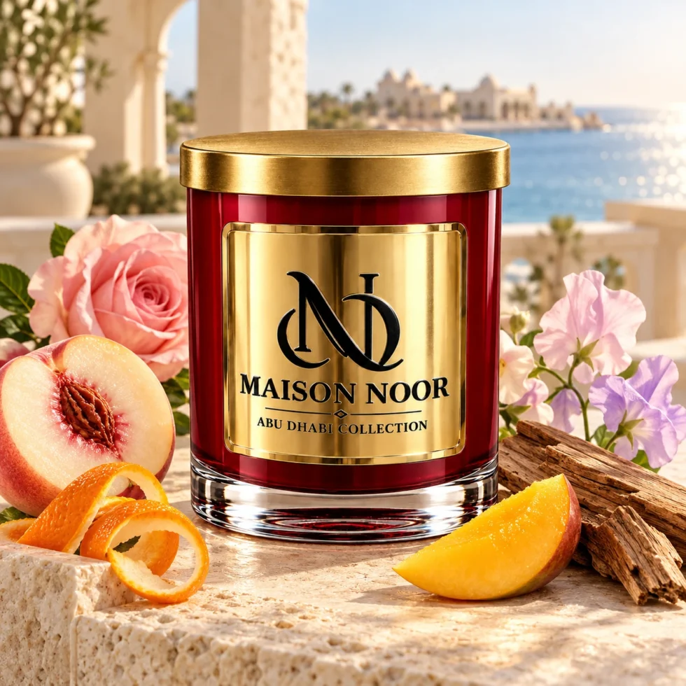 MAISON NOOR White Peach Blossom candle with peach, orange peel, rose, sweet pea, mango and teakwood by the sea.
