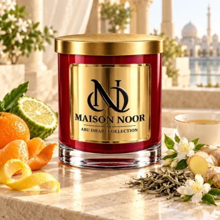 MAISON NOOR White Tea candle with mandarin, citrus peel, bergamot, ginger, jasmine and a porcelain tea cup.