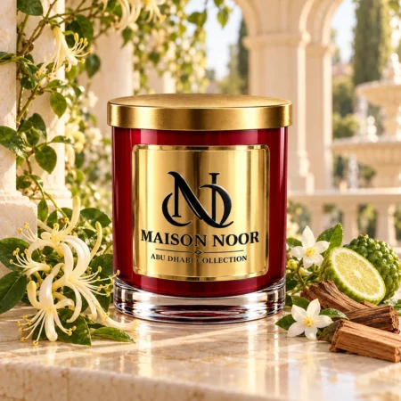 MAISON NOOR Wild Honeysuckle candle with honeysuckle vines, jasmine, bergamot and aromatic wood on ivory stone.