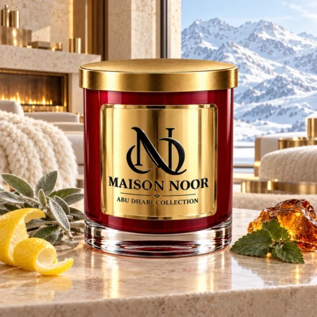 MAISON NOOR Winter Chalet candle with lemon peel, sage, patchouli and amber accents in a snowy mountain chalet.