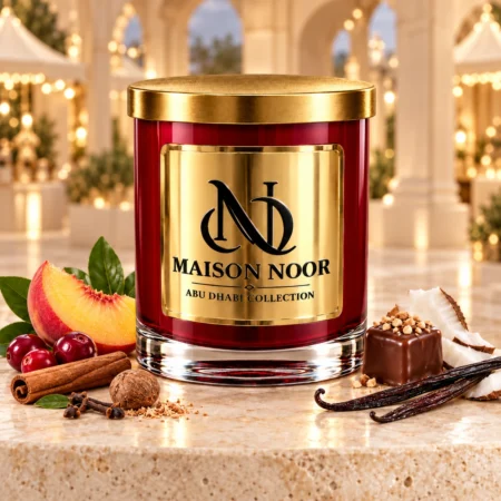 MAISON NOOR Winter Market candle with peach, cranberry, cinnamon, cloves, nutmeg, praline, coconut and vanilla.