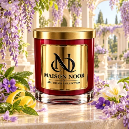 MAISON NOOR Wisteria Vines candle with cascading wisteria, violet, lilac, freesia, lemon peel and verbena.