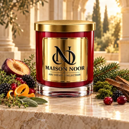 MAISON NOOR Woodland Berries and Sage candle with blackberry, cranberry, plum, orange peel, herbs, fir, moss and teakwood.