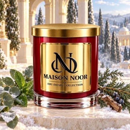 MAISON NOOR Woodland Snow candle with mint, eucalyptus, cypress, juniper and cedar in a snowy stone pavilion.