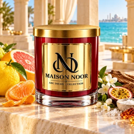 MAISON NOOR Yuzu Blossom candle with yuzu, grapefruit, mandarin, passionfruit, jasmine, sea salt and cedar by the sea.